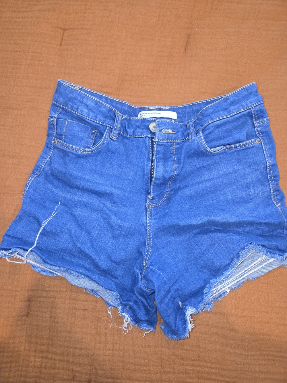 Zara Bright Blue Frayed Hem Denim Shorts